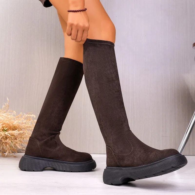 Punk Style Woman Knee High Boot Concise Slip on Elastic Slim Shoes 2025 Winter Platform Ladies Thick Bottom Knight Long Booties