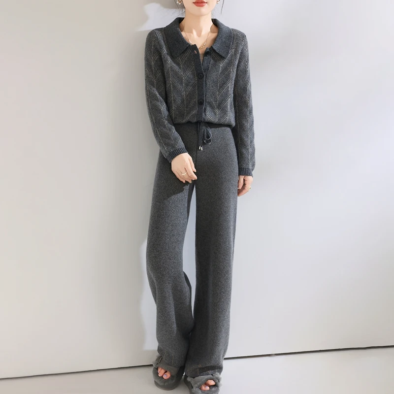 Women's 100% Wool Knitted Turn-down Collar Cardigan Sweater Wide Leg Pants Set Spring Autumn Winter Casual Cashmere Knit Set