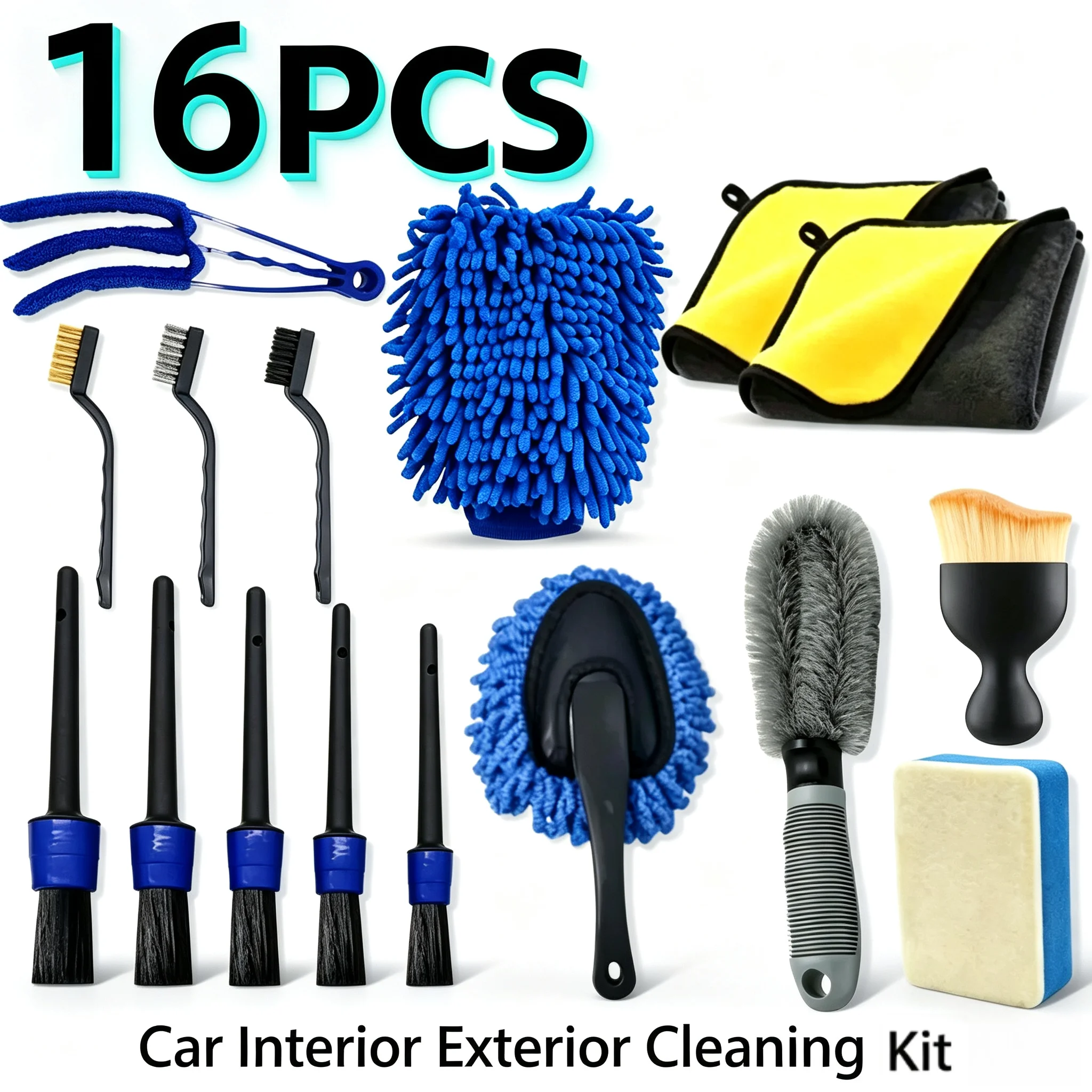 16Pcs Multipurpose Car Cleaning Set Dusting Brushes Gloves Wheel Hub Brushes For Auto Interior Exterior Detailing Supplies