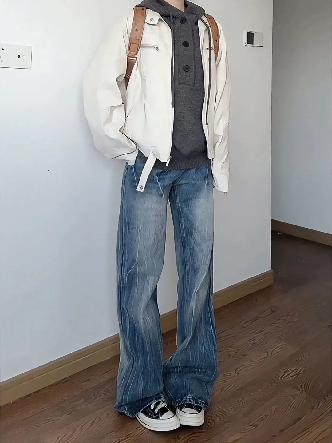 Blue Lightning Pattern Wide Leg Knife  Jeans Men's Autumn CleanFit American Slim Straight Long Pants Casual Youth Jeans