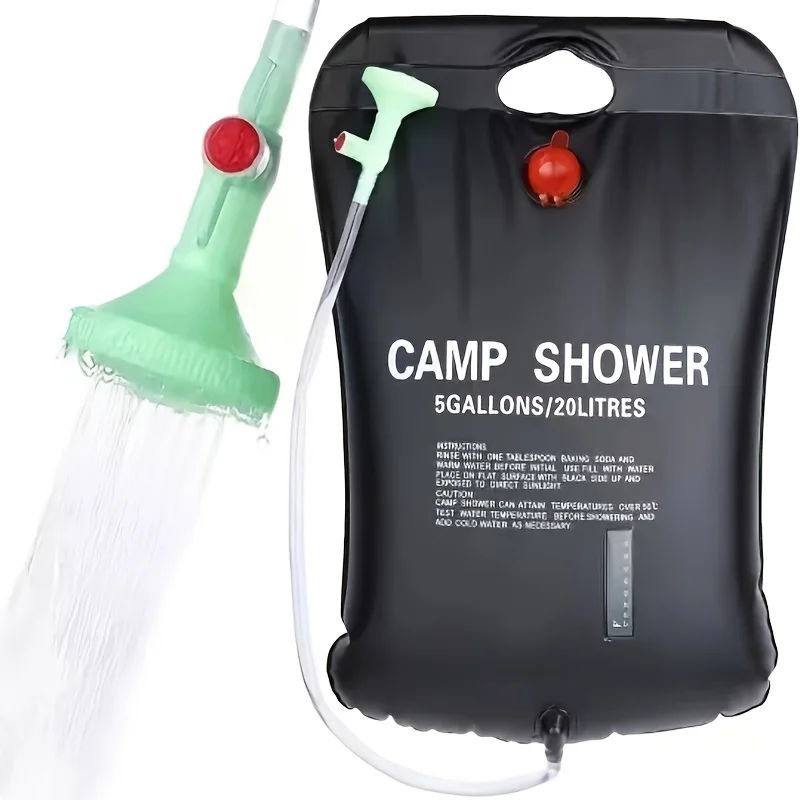 

20L Camping Shower Bag. Portable outdoor water bag with large capacity and adjustable shower head, suitable for camping and hiki