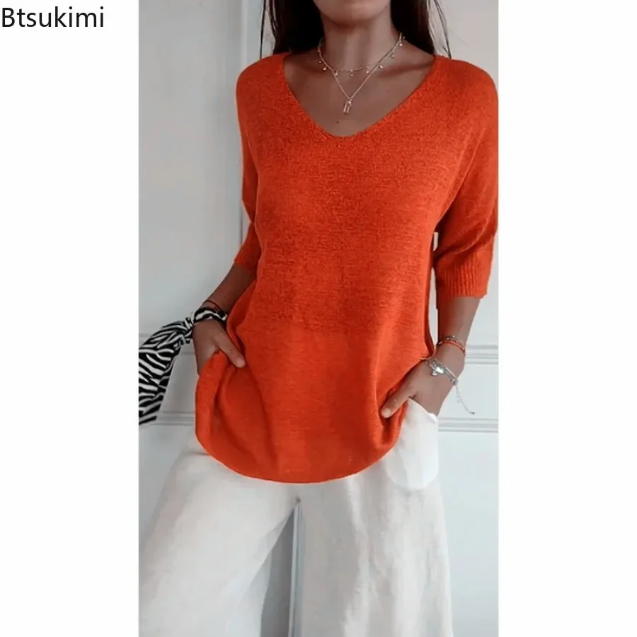 2024 Women\'s Casual Thin Knitted Sweater Tops Loose V Neck Simple Tops Pullover Solid Half Sleeve Loose Bottoming T-shirts Tops