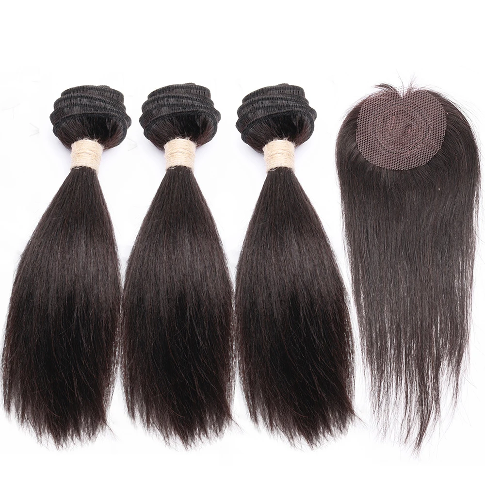 Rambut Manusia Lurus Brasil Dengan Closure 8-12 inci, Bundel Lurus Dengan Closure Bundar, 100% Rambut Manusia Remy