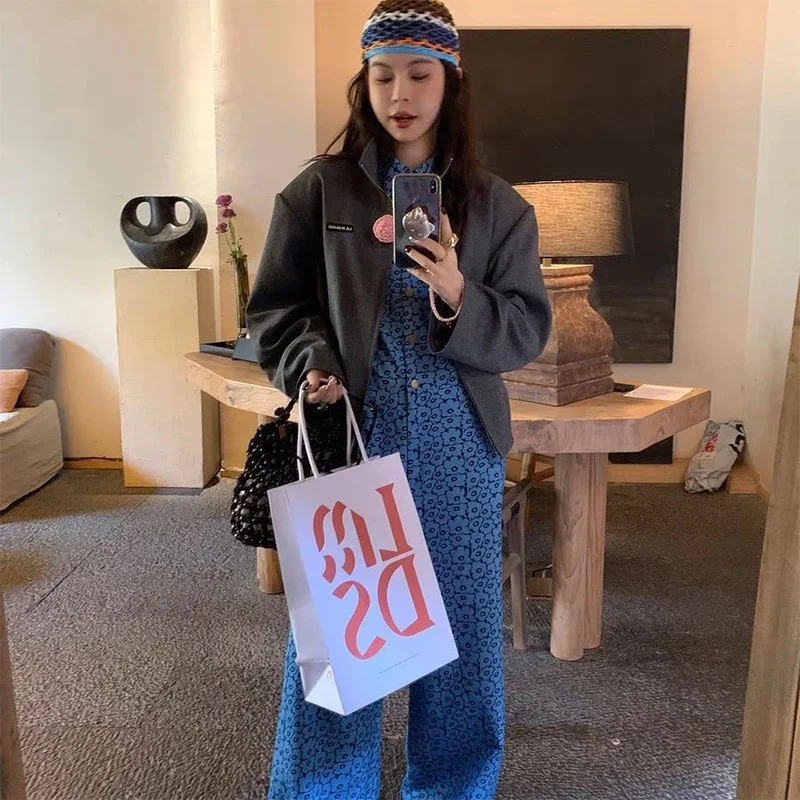 Chemise à manches courtes pour femmes, imprimé Floral bleu, combinaison à revers, simple boutonnage, ample, polyvalente, pantalon à jambes larges, corée