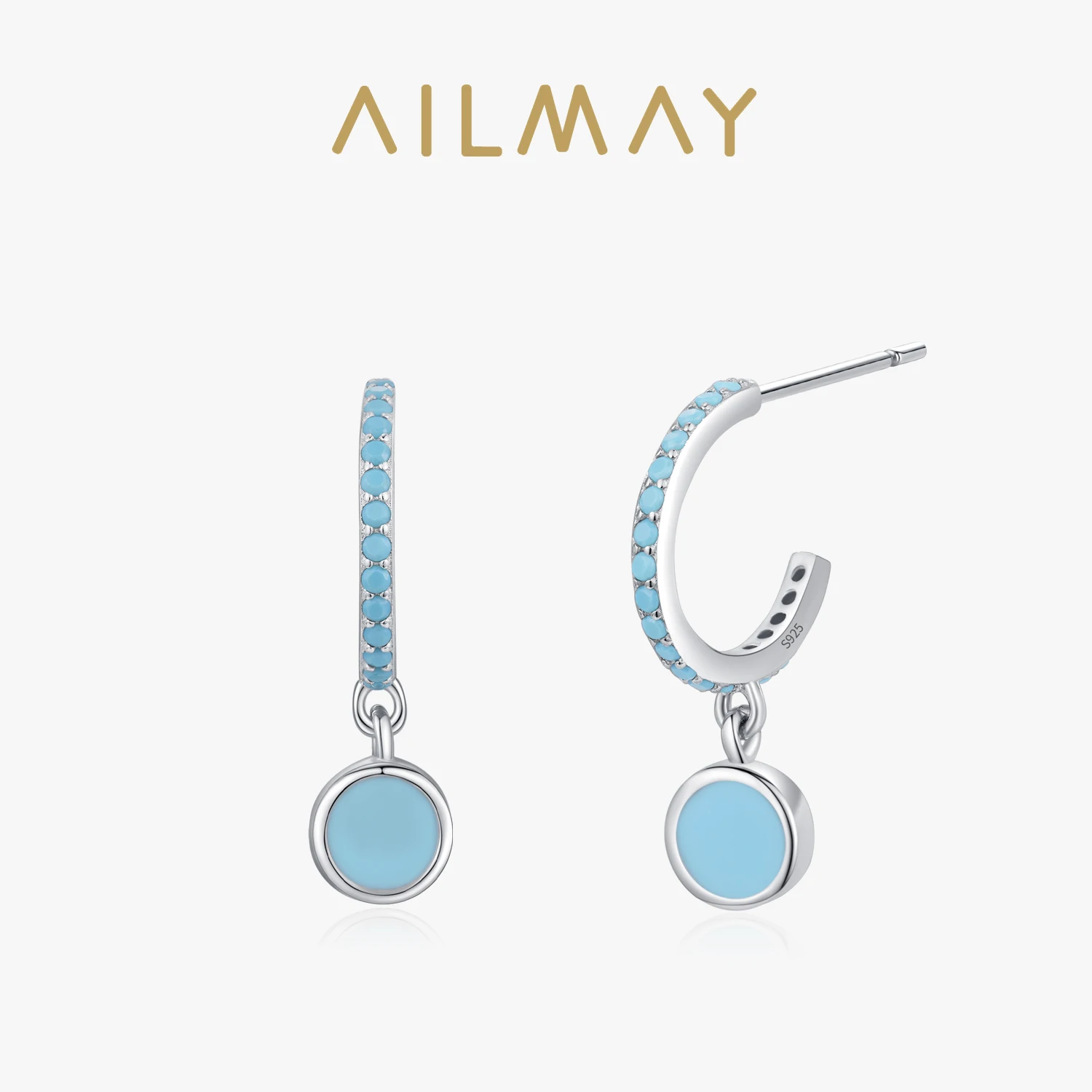 Ailmay 925 Sterling Silver Vintage Elegant Round Natural Turquoise Female Drop Earrings For Women Engagement Anniversary Jewelry