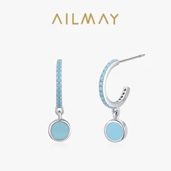 Ailmay 925 Sterling Silver Vintage Elegant Round Natural Turquoise Female Drop Earrings For Women Engagement Anniversary Jewelry