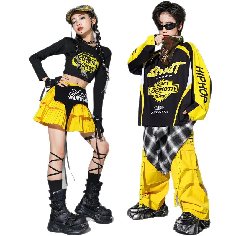 Hip Hop Girls Crop Top Cargo Pants Street Dance Layered Skirt Kids K-pop Clothes Set Boys Streetwear Children Girl Group Costume