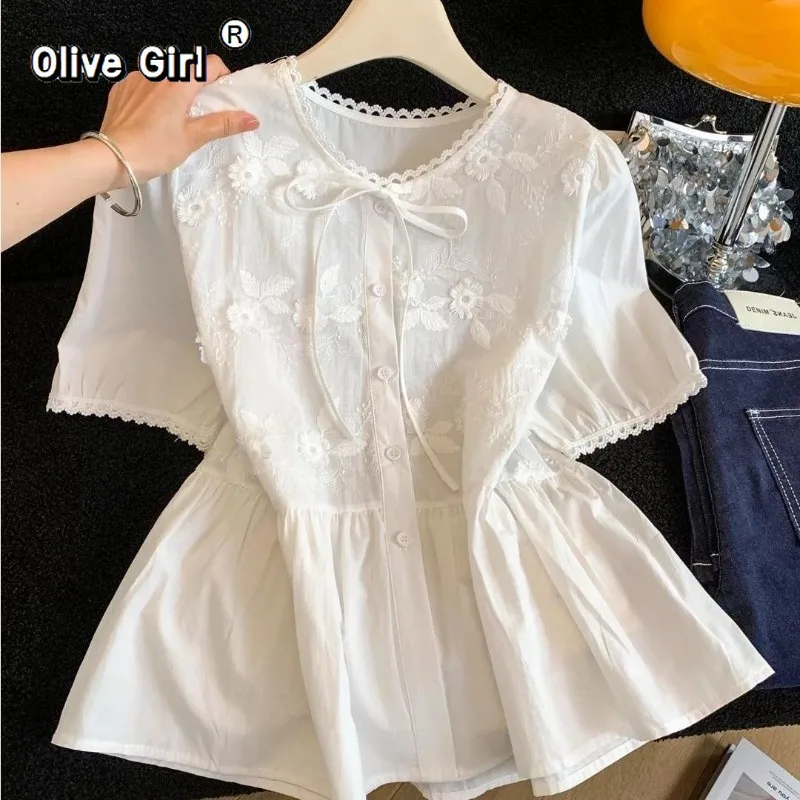 

Элегантная женская блузка Olivegirl с коротким рукавом и цветочной вышивкой, летняя коллекция 2026, высококачественная, свободная, универсальная