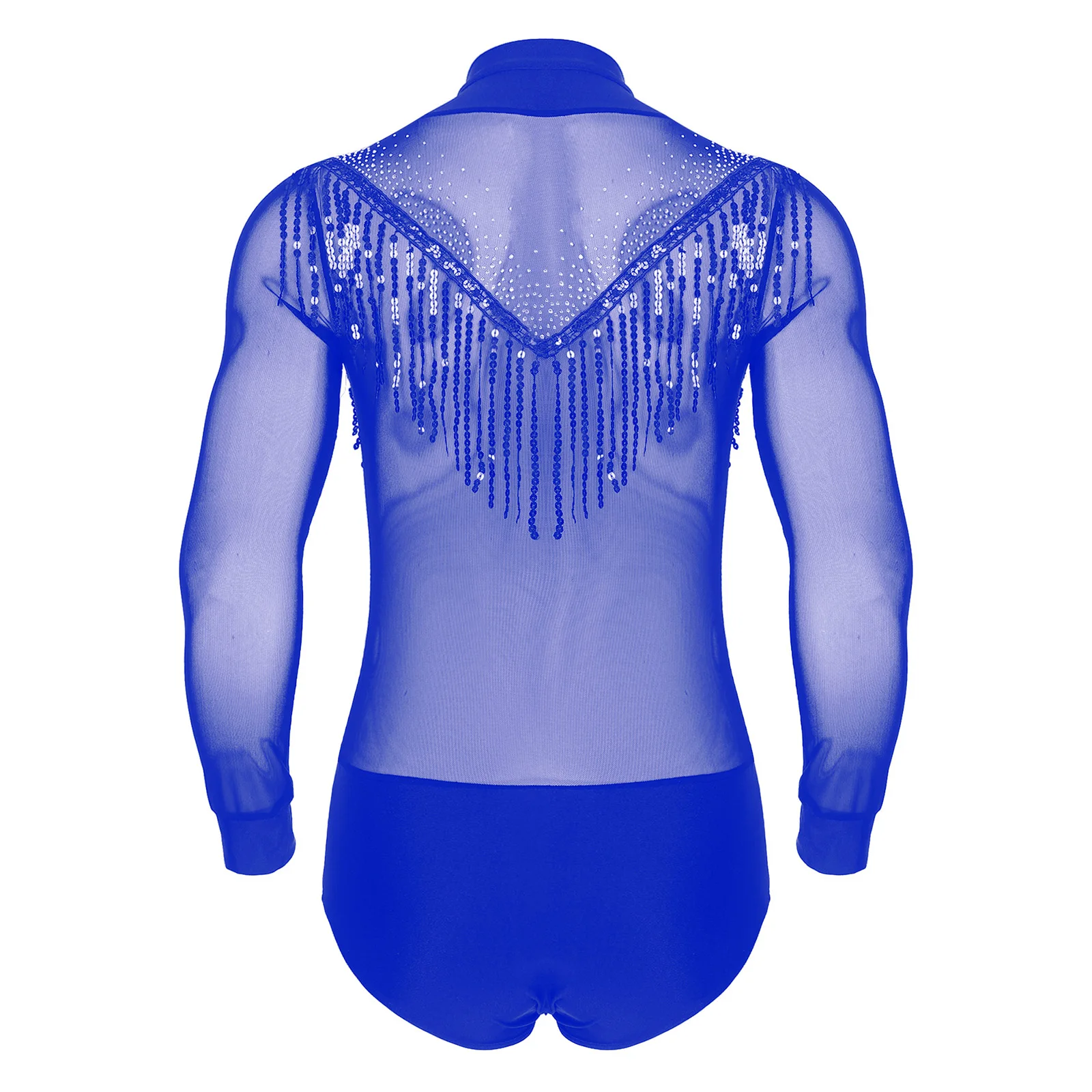 Mens Latin Tango Dance Leotard Performance Costume Deep V-neck Sheer Mesh Sequined Tassels Rhinestones Bodysuit Shirt Tops