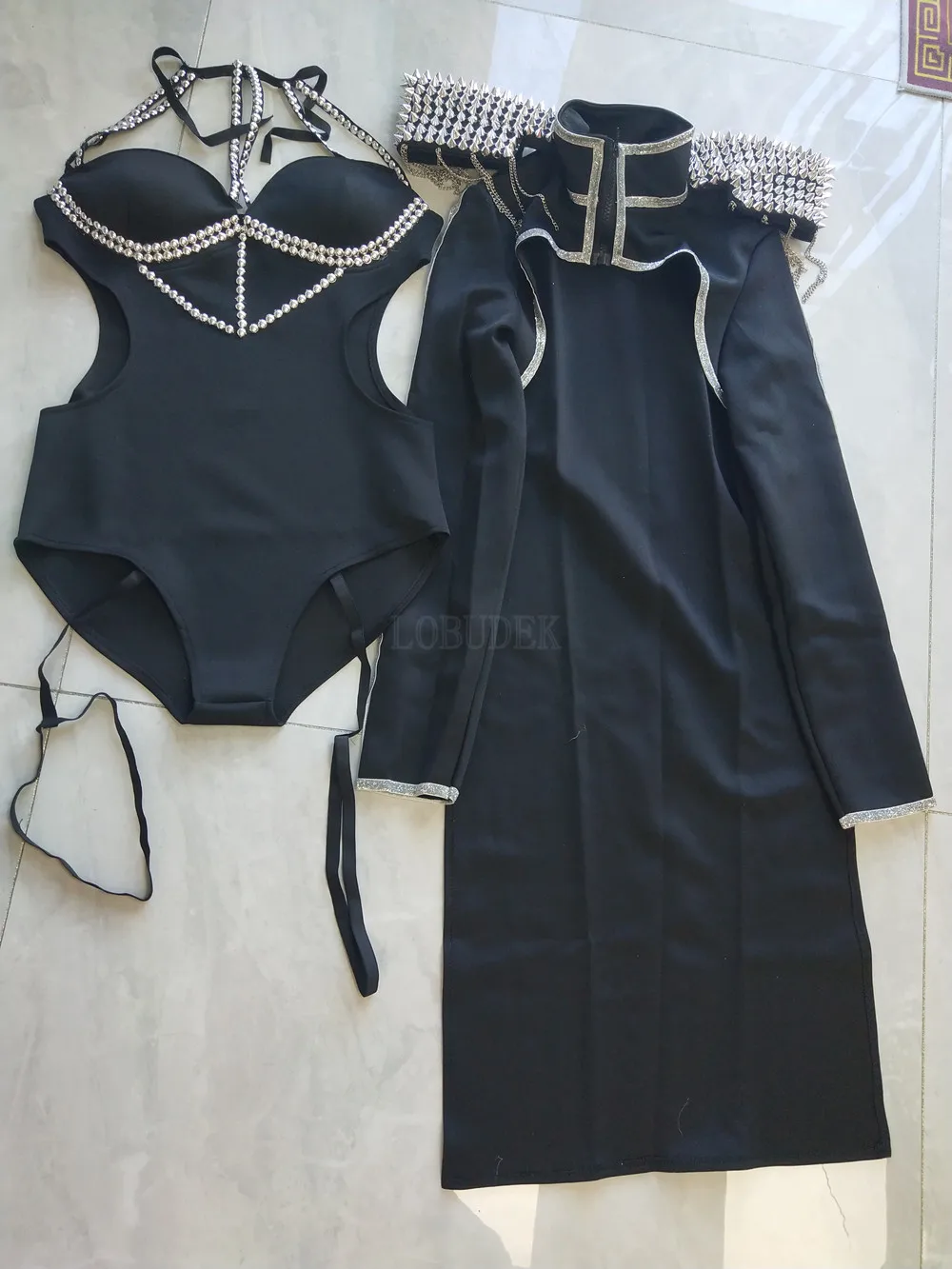 Women Black Rivet Chain Bodysuit Bar Nightclub Singer Dancer Performance Dance Costume Cloak 2 Piece Jazz Modern Dance Outfit