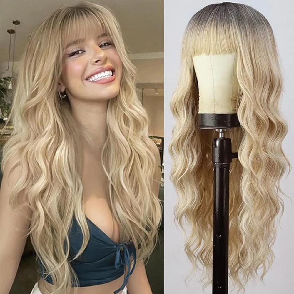 Blonde Gold Synthetic Wig for Women Long Wavy Synthetic Wigs with Bangs Dark Root Hair Heat Resistant Wigs Natural Daily Fiber