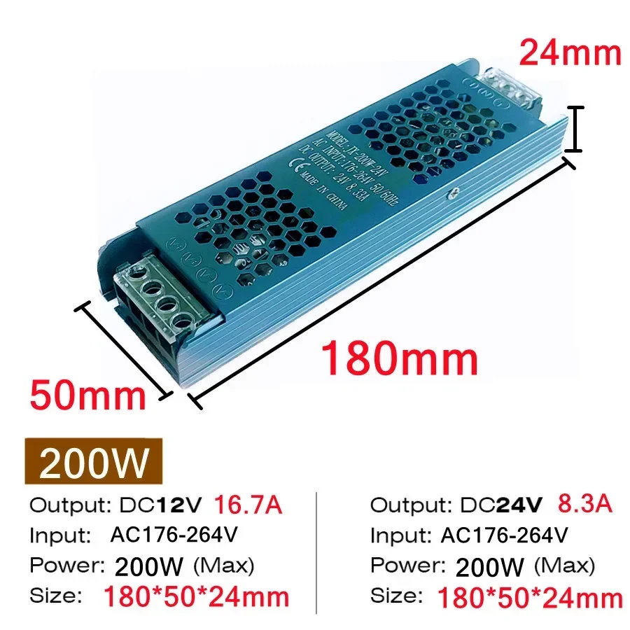 Ultra Dunne 12 V/24 V LED Voeding Adapter 60 W 100 W 200 W 300 W 400 W Verlichting Transformator 5A 12A LED Strip Schakelaar Driver Lamp