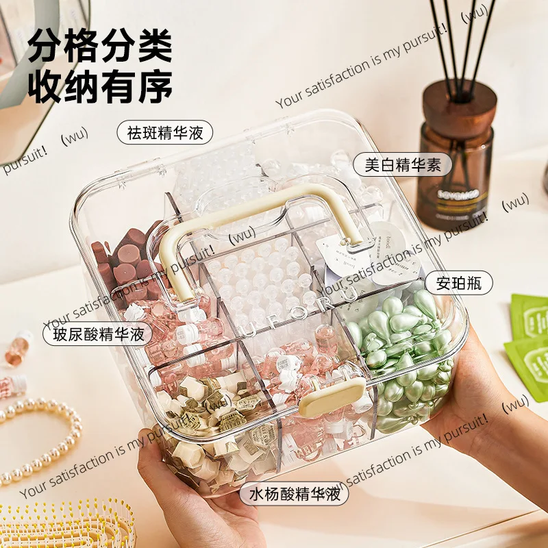 Cosmetic sample storage box, compartmental, dust-proof with lid, large capacity portable desktop transparent organizer