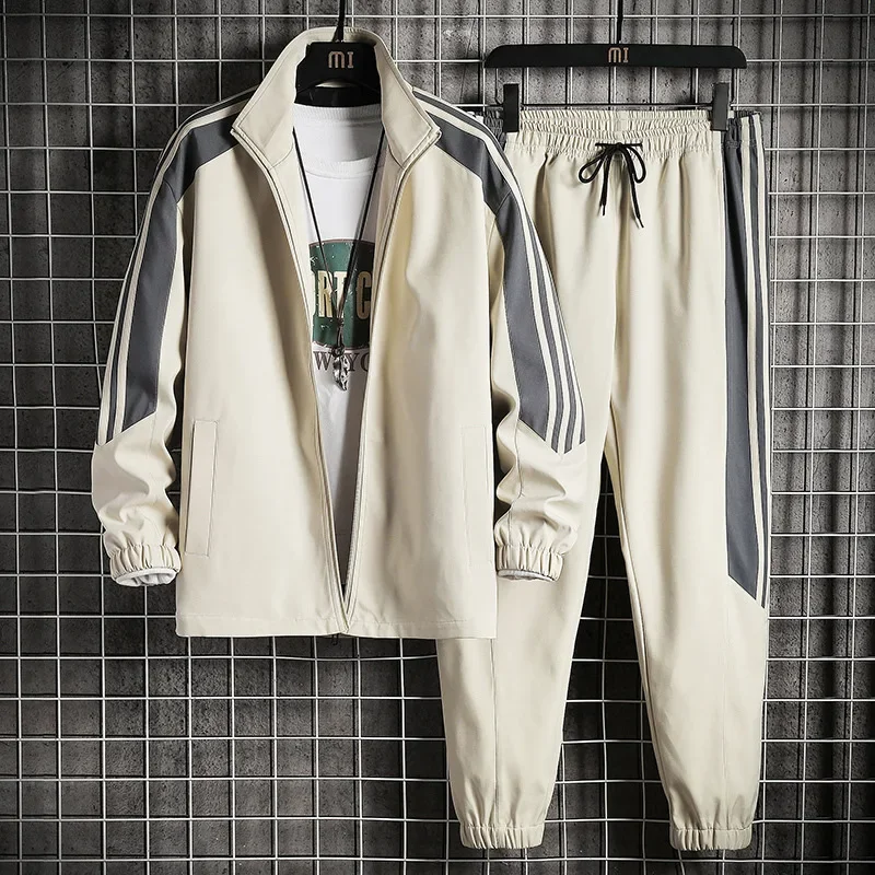 2024 Spring Autumn Men's Sport Jacket Trousers 2-Piece Set Casual Striped Stand Collar Cardigan Suit