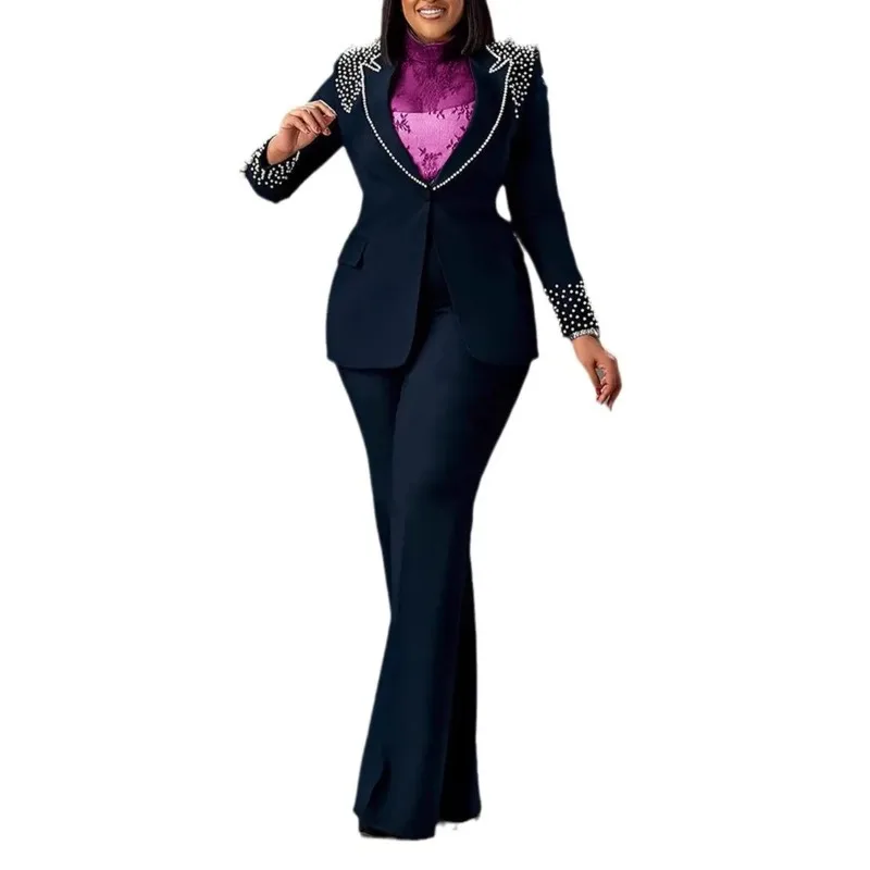 Elegant Lady Pearls Blazer Two Piece Sets Women V Neck Long Sleeve Slim Top And Pencil Pants Outfits Casual OL Clothing