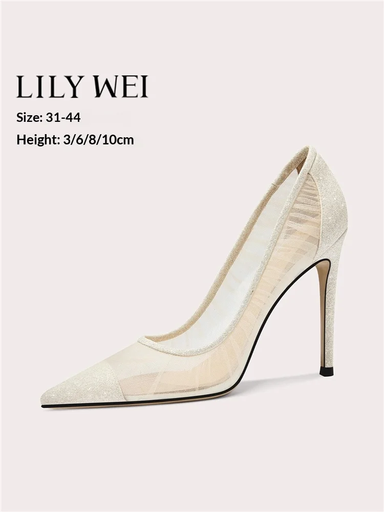 Spring and summer pointed toe shallow lace mesh sequin wedding shoes banquet large size small size thin high-heeled women's shoe