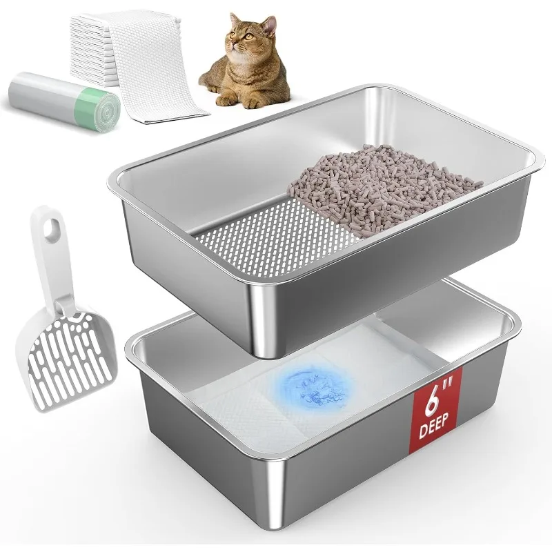 

19.7''x13.7''x6'' Stainless Steel Litter Box, Open Top Sifting Litter Box for Pine Pellets, Metal Cat Litter Box Pan Tray System