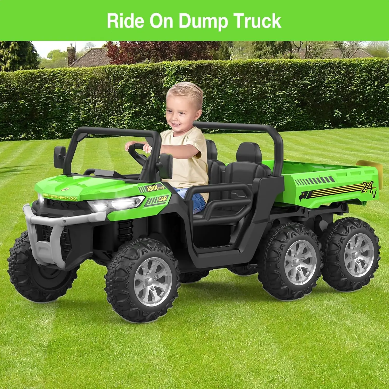 Seater Ride On Dump Truck with Remote Control, Electric UTV Car with Electric Dump Bed, 4WD Power Ride Cars W/6 Whee