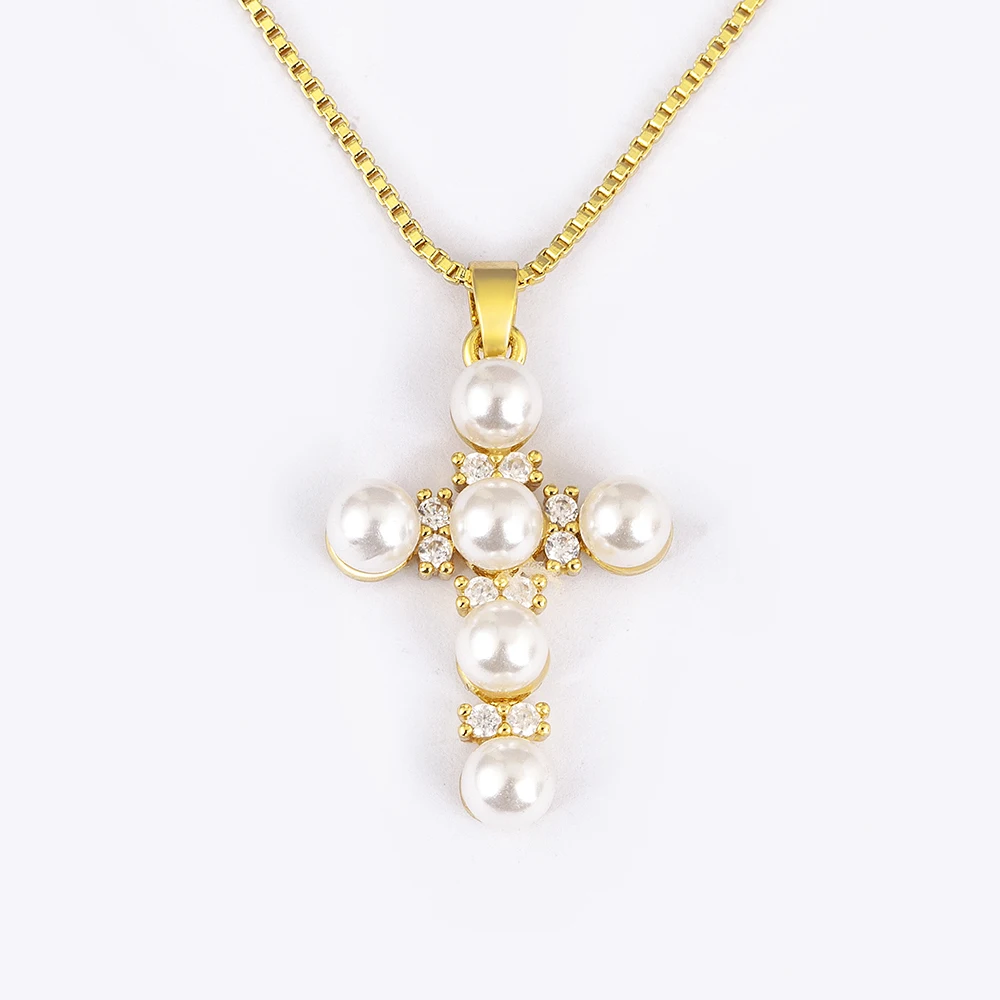 Nidin واضح كريستال الصليب القلائد للنساء النحاس الذهب مطلي اللؤلؤ الأبيض قلادة الدينية الكاثوليكية مجوهرات اكسسوارات هدية #6