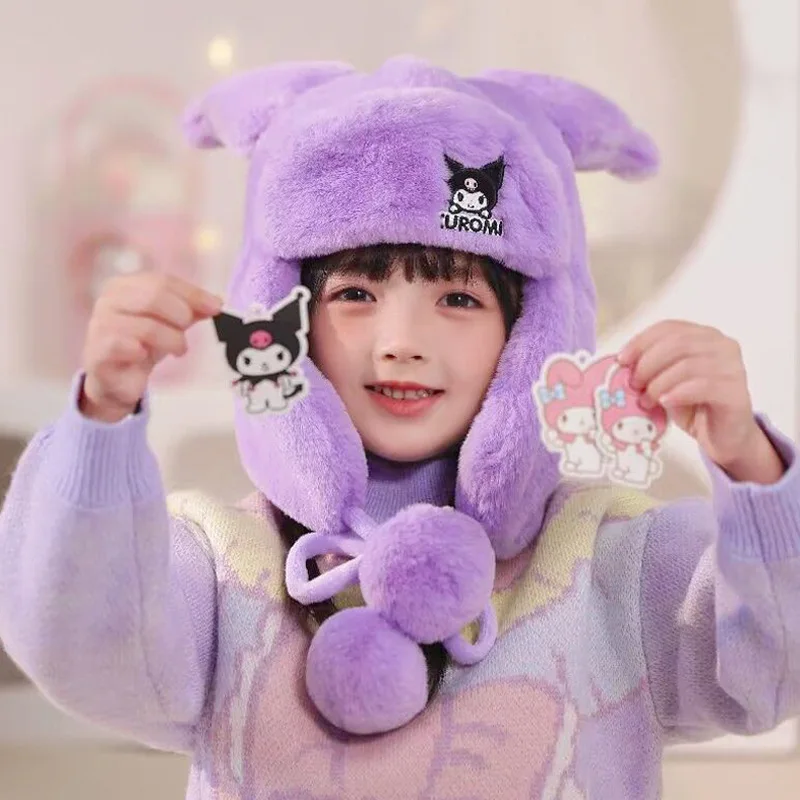 Sanrio Melody invierno nuevo sombrero Lei Feng para niñas protección cálida para los oídos gorro de felpa Kulomie grueso de lana a prueba de viento frío