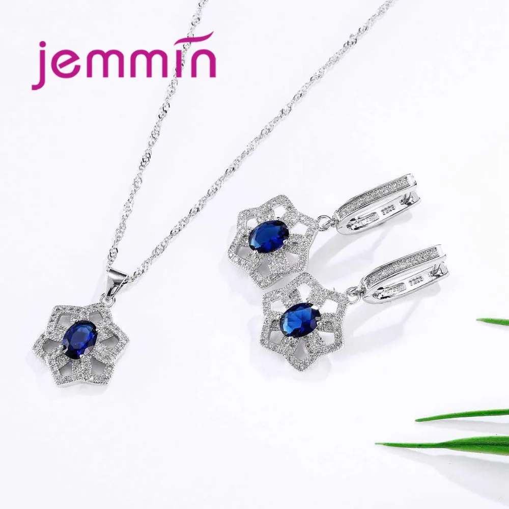 Luxurious 925 Sterling Silver Geometry Blue Crystal Zircon Necklace Drop Earrings Set for Women Girls Wedding Party Jewelry Gift view 3