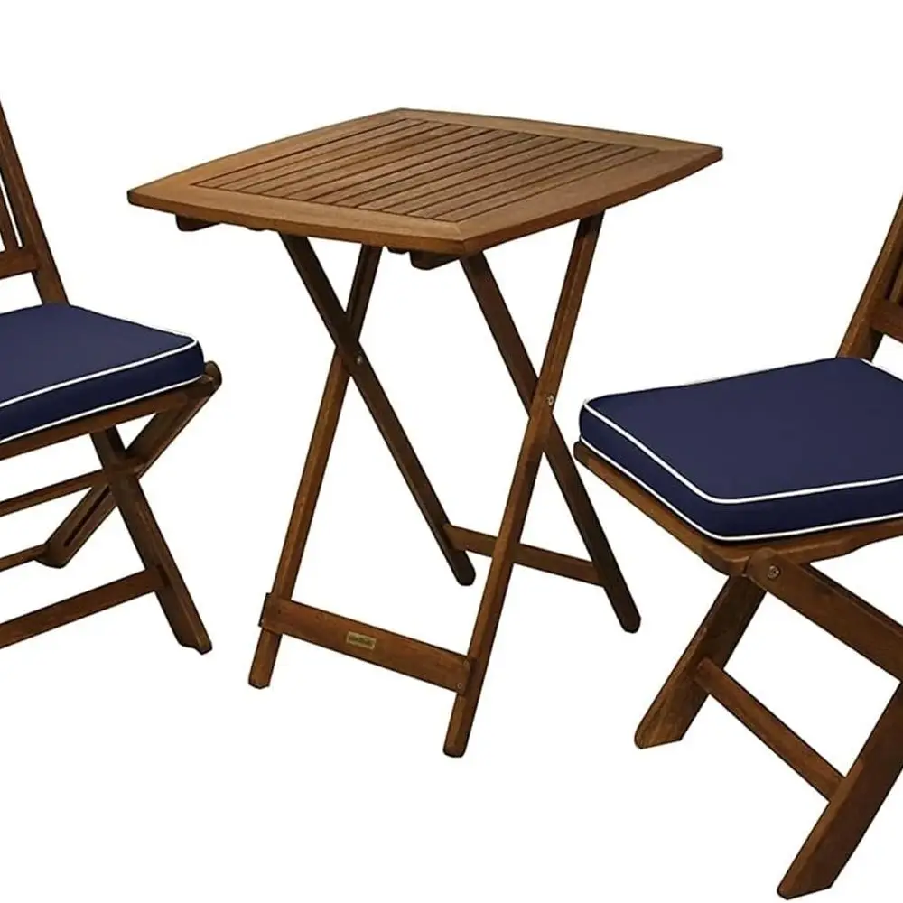 

Blue Square Eucalyptus Wood Foldable Outdoor Bistro Set with Table and 2 Cushioned Chairs