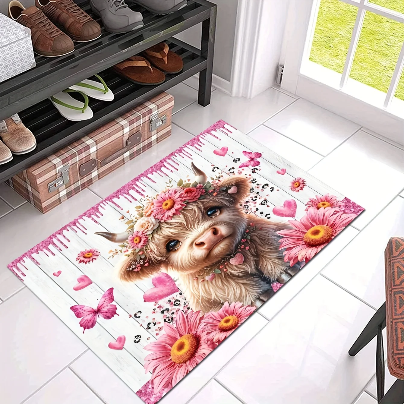 A Highland Cow And Wood Grain Patterned Entrance Mat Made of Polyester Material, Featuring a Non-Slip Backing, Suitable for Ki