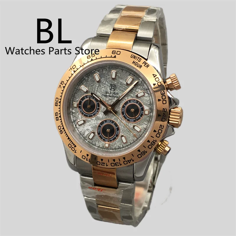 BLIGER Luxury Meteorite Dial VK63 Quartz Watch For Men 39mm Rose Gold Case Stainless Steel Sapphire Glass Sports Chronograph