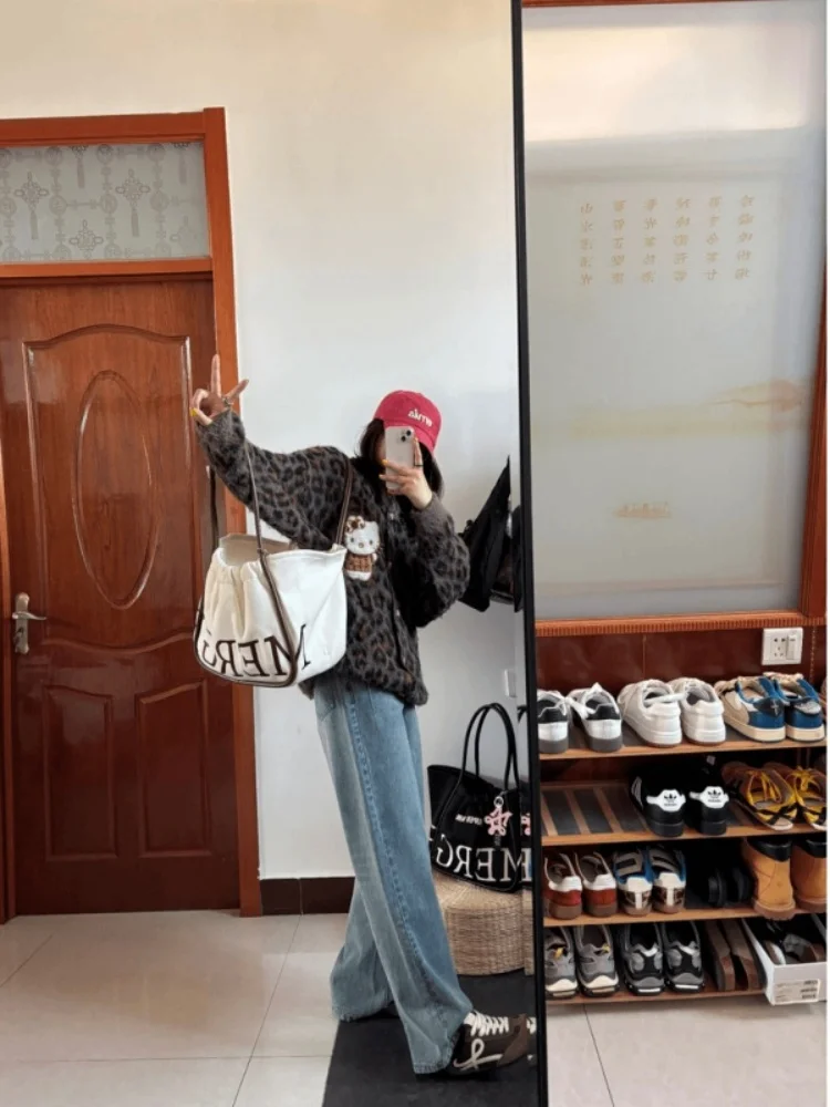 

Cartoon Design Knitted Jaet Trendy Women's Top Beautiful Leopard Print Sweater Commute Sle A-Line Long Sve round Ne