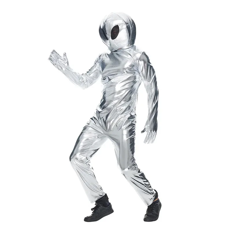 

xixixi Adults Alien Cosplay Costume Adult Silver Astronauts Long Sleeves Jumpsuit with Hat Halloween Stage Performance Costumes