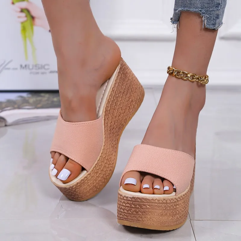 2024 Fashion New Summer Women's Slippers Peep-Toe High-Heeled Platfroms Casual Solid Color Wedges Outdoors Slippers for Women