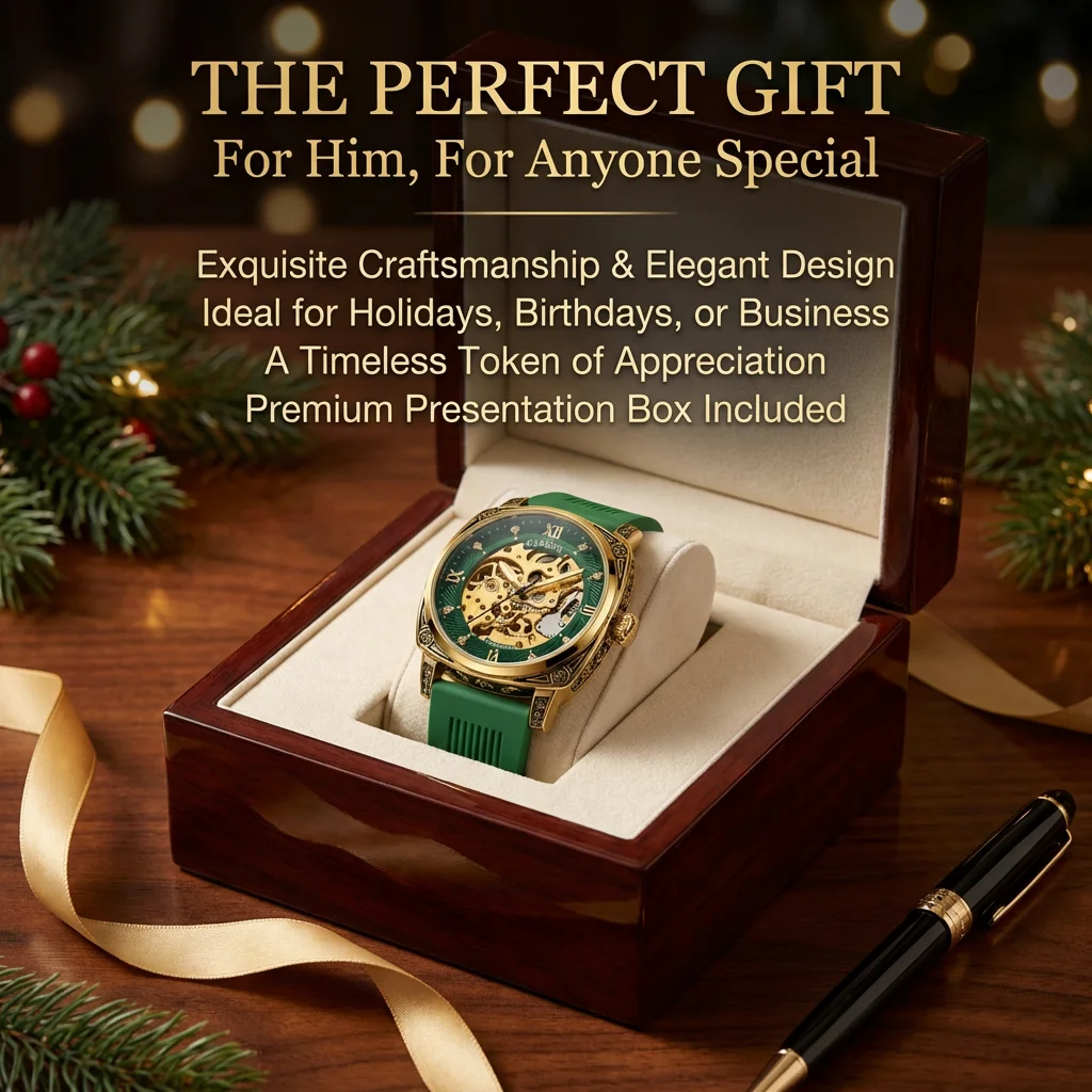 New Men's Watch with Gold Green Tape, Fashionable Style, Elegant Night Light, Carved Pattern, Fully Automatic Mechanical Watch