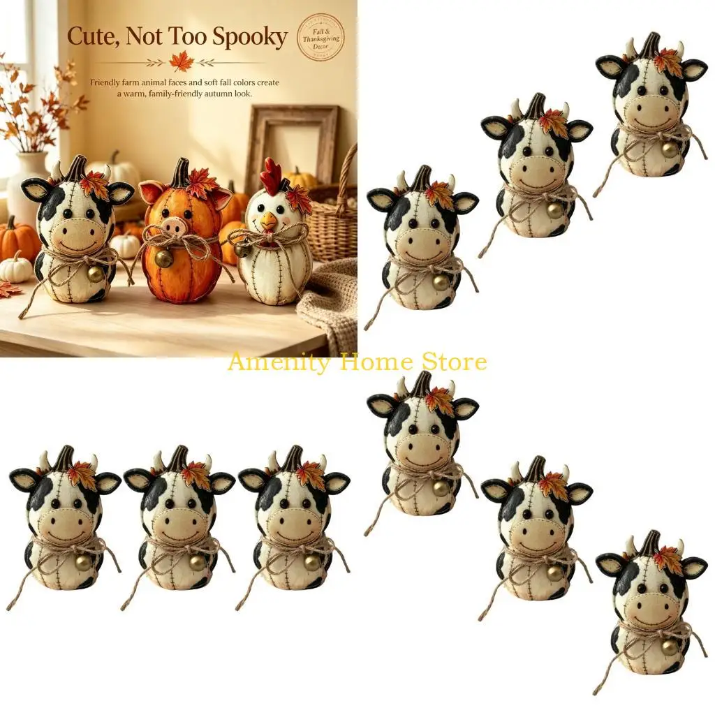 F26C Rustics Farm Pumpkin Friend Decors Set Animal Pumpkin Figurines 3-Piece Seasonal Fabric Figure Set, Indoor Home Accent for