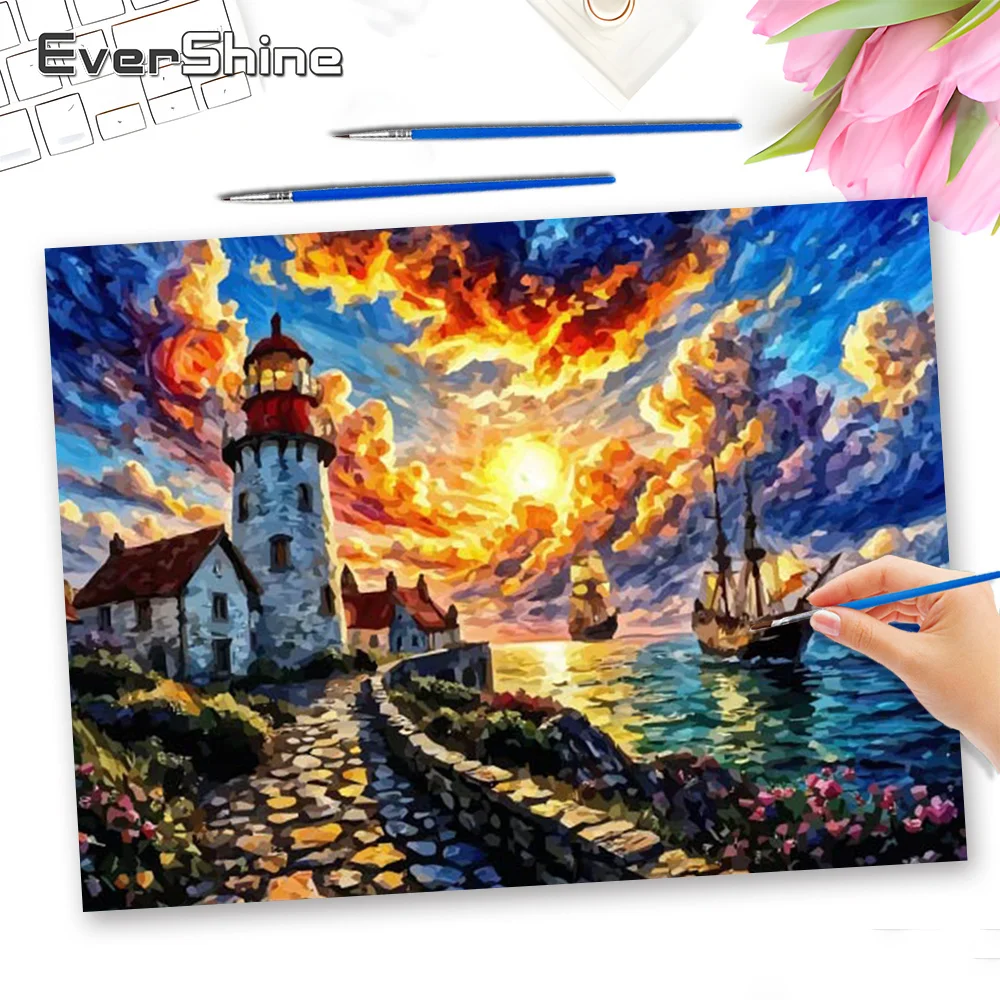 Evershine Landscape Oil Painting Lighthouse Professional Art Numbers Painting Boat Daisy Pattern New Arrivals Decor For Home