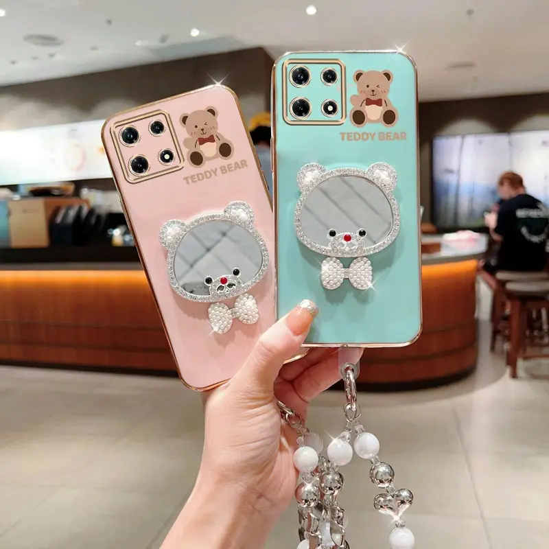 โบว์หมีกระจกสร้อยข้อมือไข่มุกชุบเคสโทรศัพท์สําหรับInfinix Note 8i 10 11 11S 12 30 30i Pro Vip 4G 5Gฝาครอบ