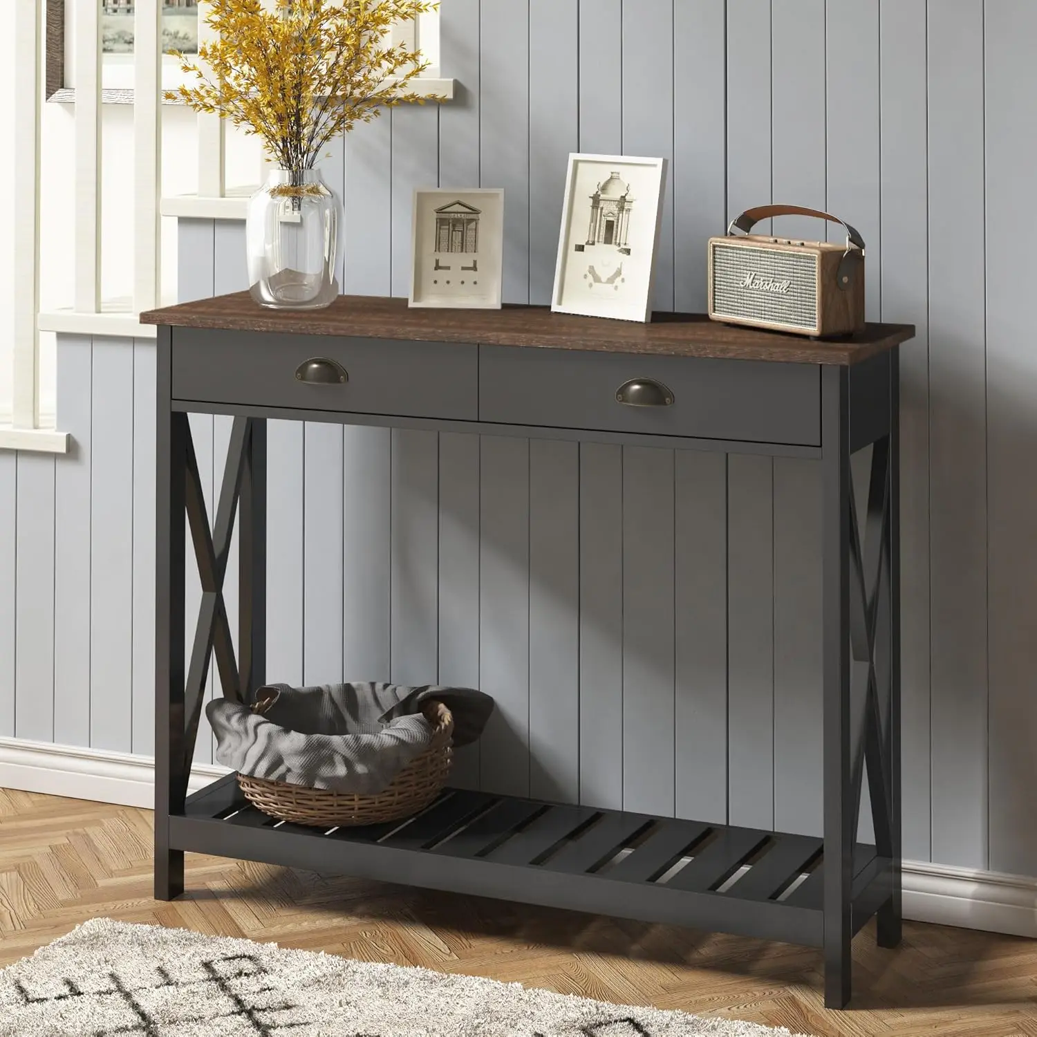 

Console Table with Drawers for Entryway with Shelves for Living Room, Rustic Vintage Hallway Sofa Table, 40 Black