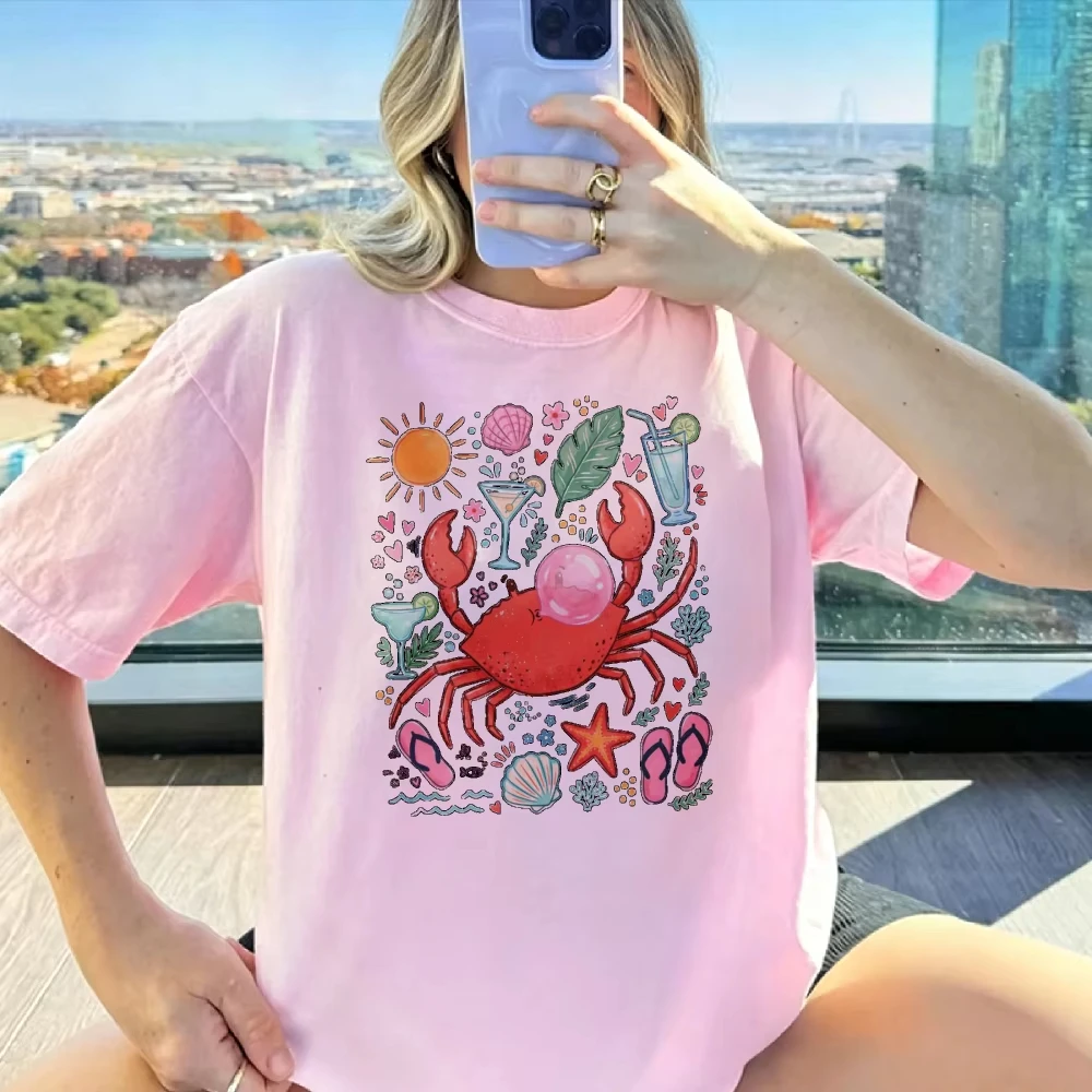 Beach Themed Graphic Print Crab Cotton T-Shirt Crew Neck Short Sleeve Relaxed Fit Summer Vacation Gift for Men Women Casual Tops