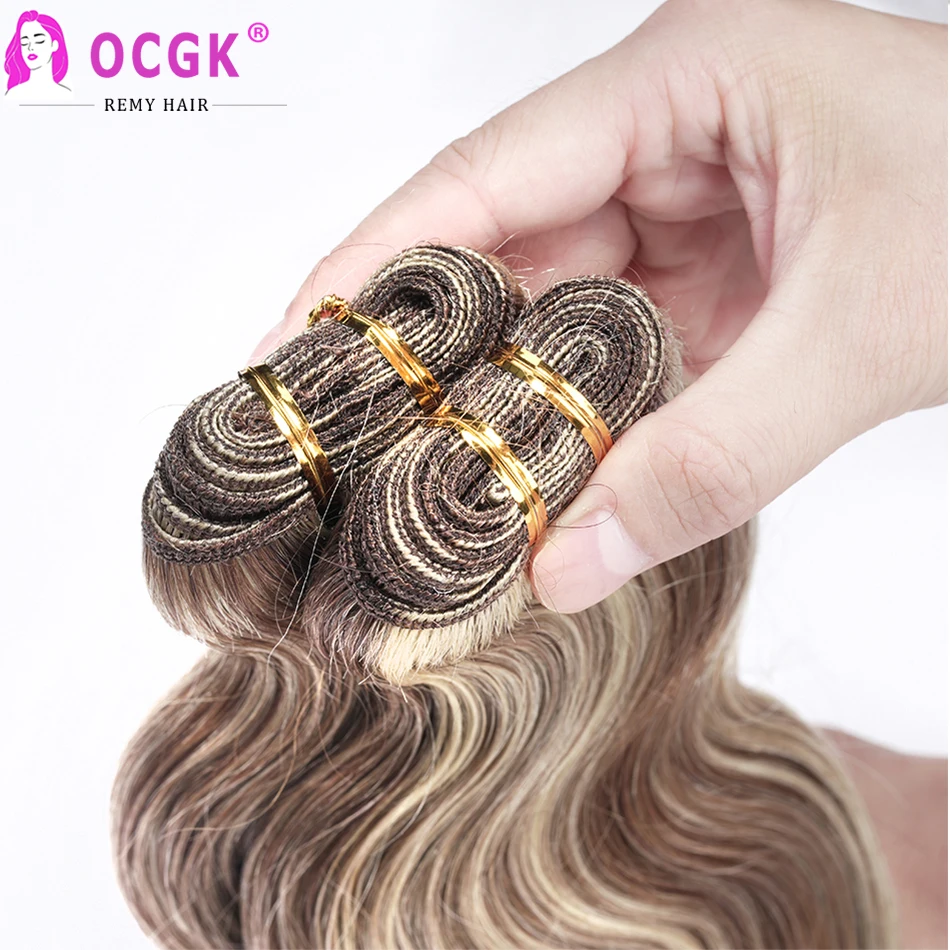 Onda do corpo trama do cabelo humano, Europeu Remy Hair, Destaque Loiro Dourado, Longo Ondulado, Castanho Castanho, Pacotes de Cabelo Humano, 12-26in