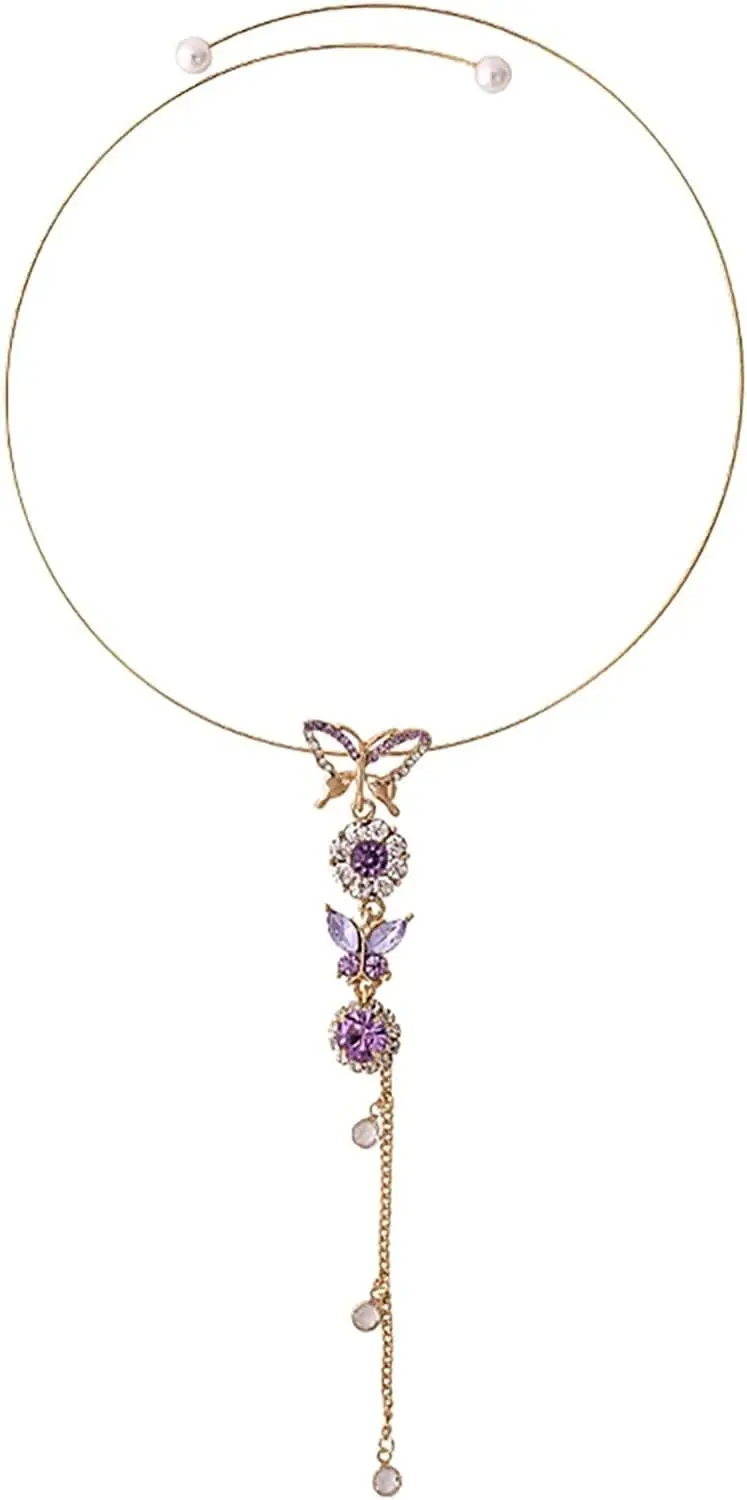 

Purple Tassel Necklace with Open Butterfly Design for Women, Fashion Jewelry, Adjustable Letter Pendant