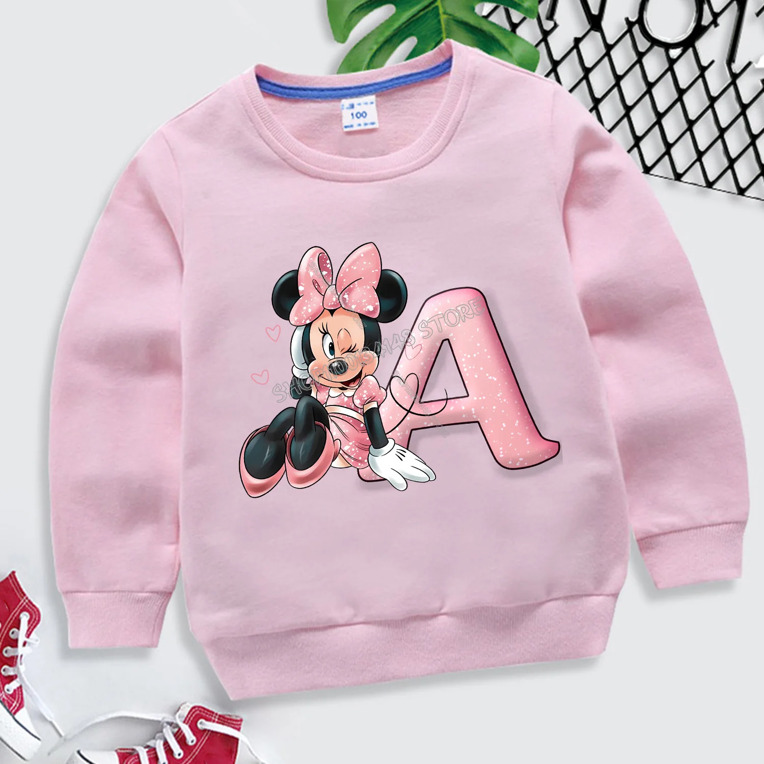 Disney Minnie Mouse Hoodie สําหรับเด็ก A-Z Letter การ์ตูนเสื้อกันหนาวแฟชั่นสาวแขนยาวผ้าฝ้าย Caftan รอบคอเสื้อผ้า