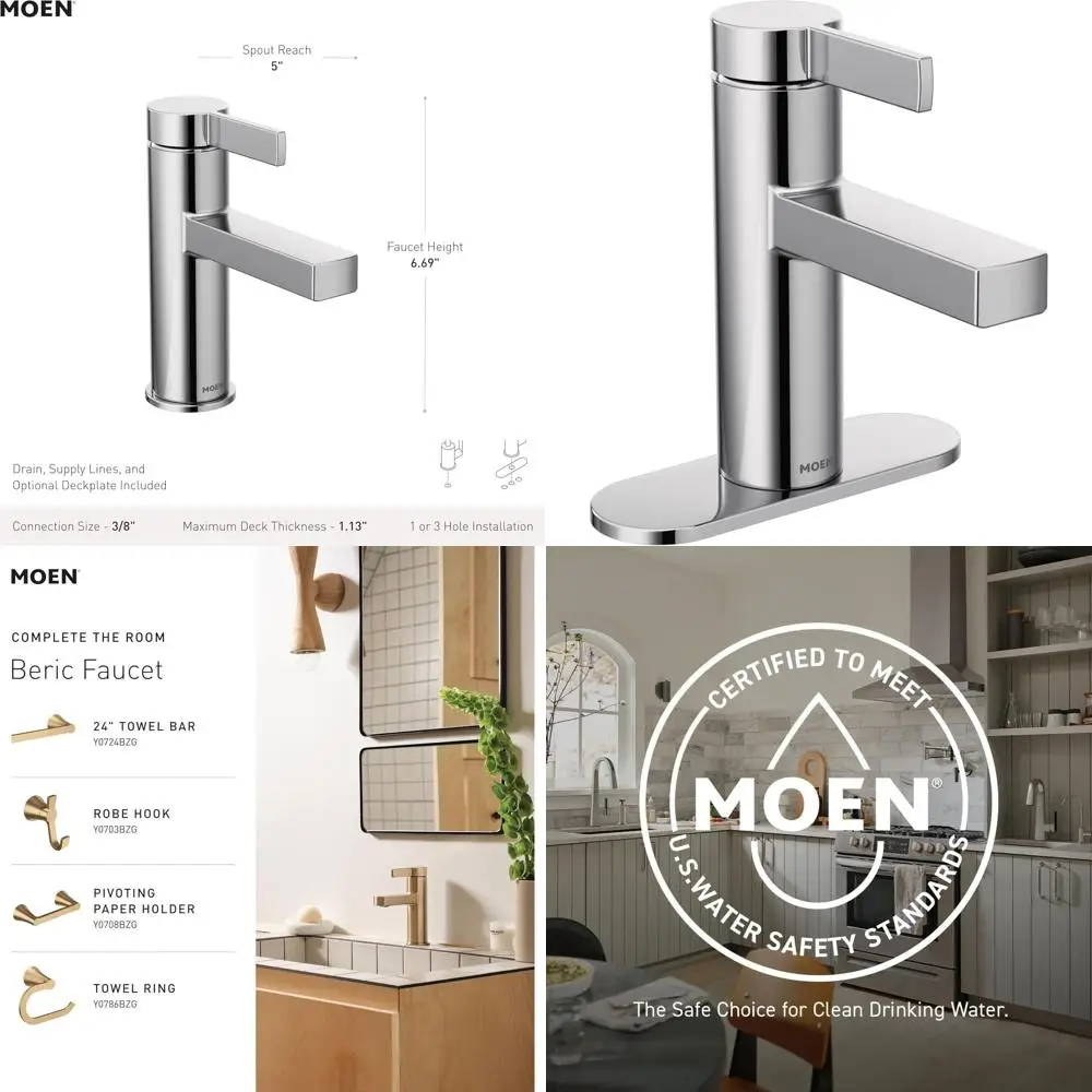 

Chrome Single-Hole Faucet with Drain Set for Bath Sink, 84774, Optional Deckplate