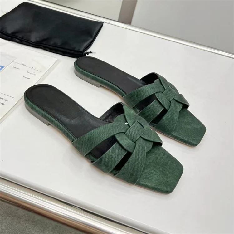 Square Toe Flat Slippers Women Summer Leather Comfy Shoes Female Dress Slides Outfit Party Casual Zapatos
