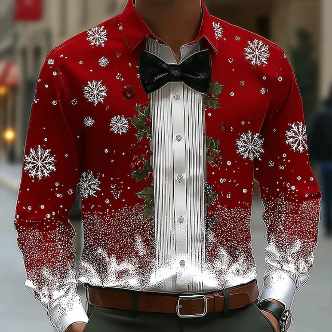 Men's Christmas shirt, tree and snowflake pattern T-shirt, large size, long sleeve, street style men's shirt