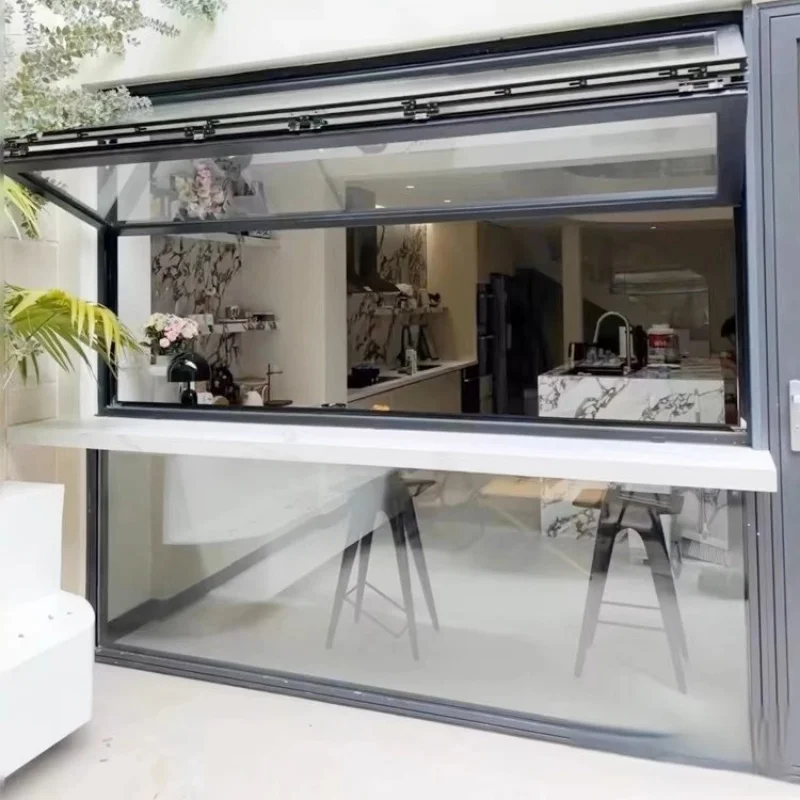Custom Folding Aluminum Alloy Full-Open Window Milk Tea and Coffee Shops Kitchen Bar Counter Glass Sliding Window