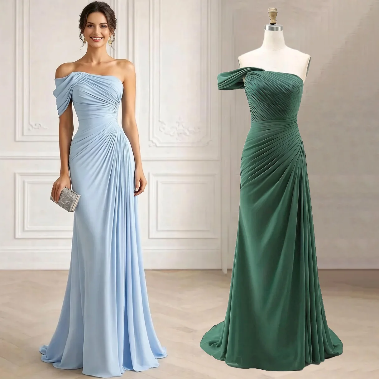 

Chiffon Mermaid Pleat One Shoulder Evening Bridesmaid Dresses Wedding Party Formal Prom Birthday Floor Length Corset Back