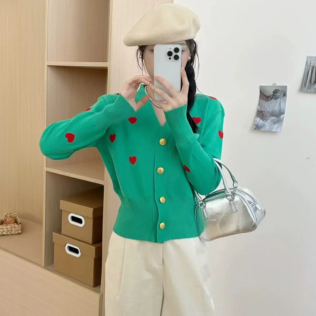 

Lovely Knitted Cardigan For Women V-neck Slim-fitting Short Style Sweet Youth-reducing Long-sleeved Sweater Jacket Gentle Autumn