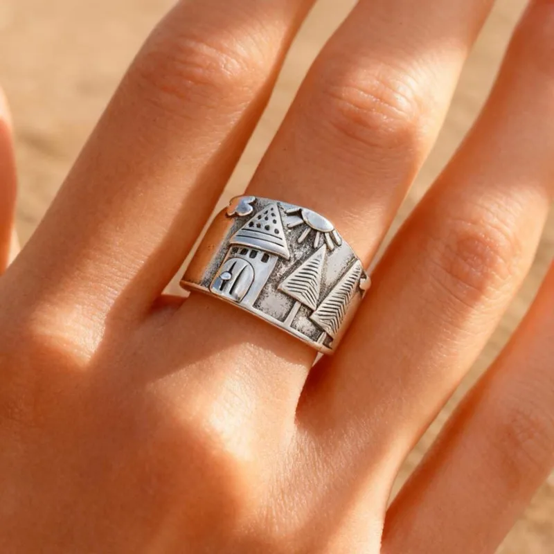 

Retro Creative Castle Sun Tree Cloud Wide Band Ring, Fashion Punk Jewelry Trendy Women's Party Ring, Daily Wear Holiday Gift