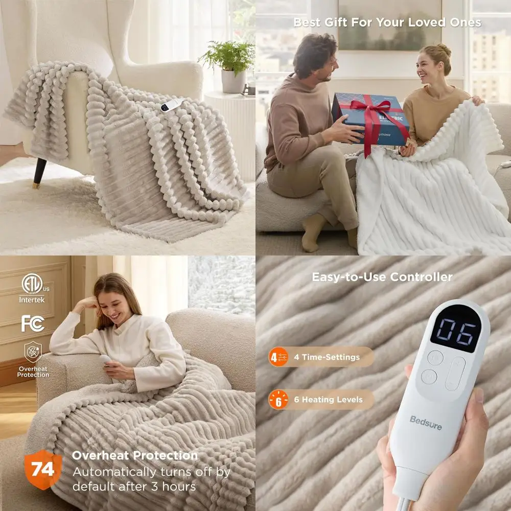 

Фланелевое электрическое одеяло в толстую полоску с 4 таймерами, 6 уровнями нагрева и 3-часовым автовыключением, идеально подходит для бабушки (50x60 дюймов, Lin