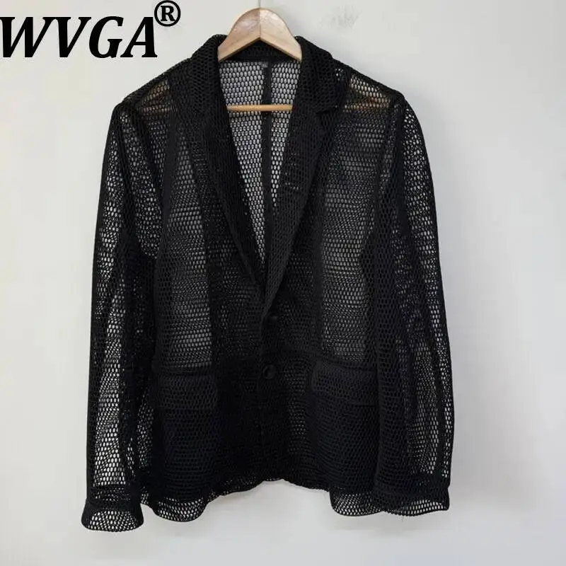 

WVGA Spring Summer New Man Mesh Hollow Out Niche Design Trendy Dark Style Jackets Casual Chic Turn-Down Collar Blazer Ins W22791