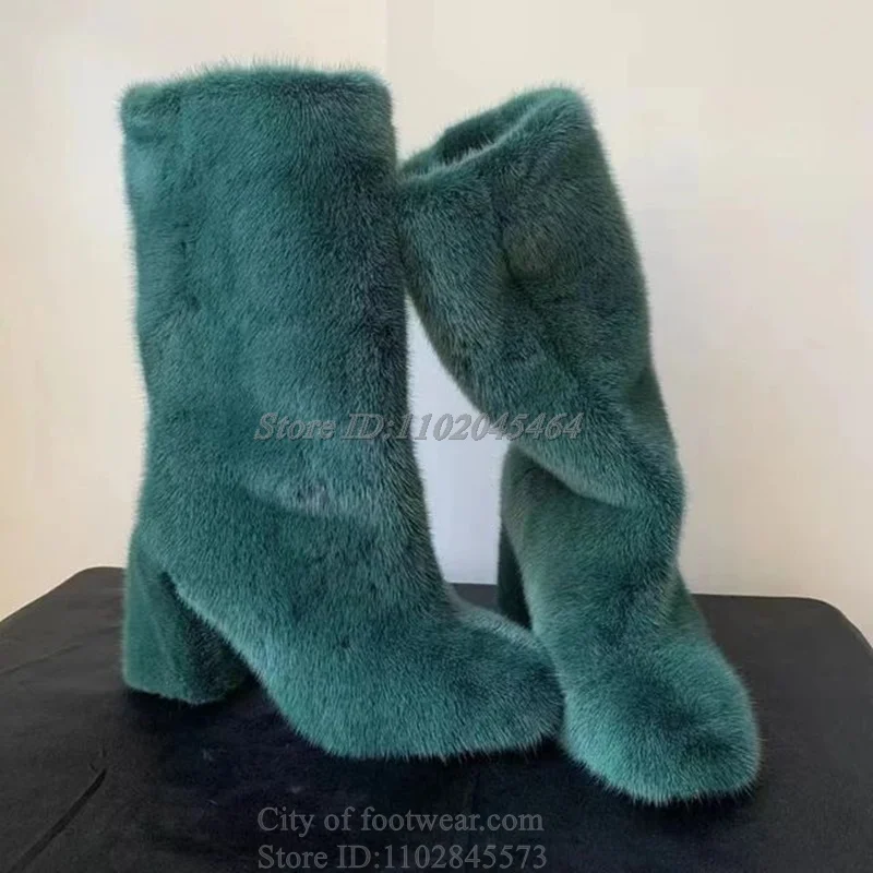 Colorful Fur Low Heels Round Toe High Boots Women's Sexy Chunky Heel Round Toe Booties Luxury Designer Winter Comfy Shoes